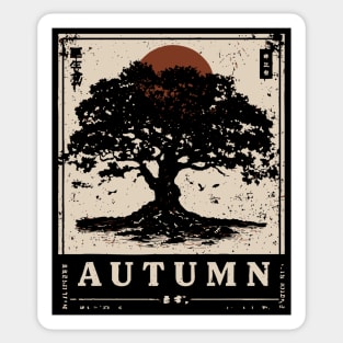 Autumn Oak Wabi Sabi Woodblock Print - Liminal Nature Art Sticker